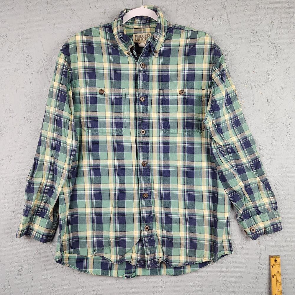Duluth Trading Co Shirt Mens Medium Green Blue Plaid Flannel Button Up Workwear